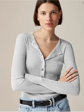 J. Crew Ribbed Button Henley Top with Metal Threads